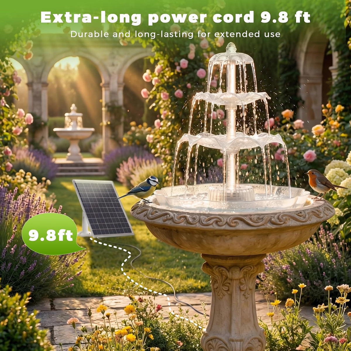 6.5W Solar Bird Bath Fountains with Lights, 3 Tiered Bird Bath