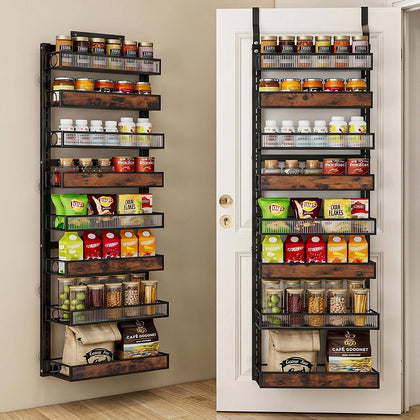 8 Tier Pantry Door Organizer Spice Rack, 2-IN-1 Wall Mount or Hanging Over Door Seasoning Organizer with Adjustable