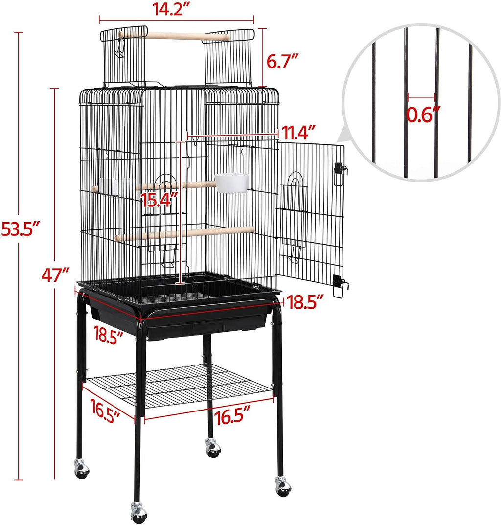 53.5" Open Top Parrot Bird Cage with Detachable Rolling Stand, Roof Play Flight Cage for Cockatiels, Sun Conures