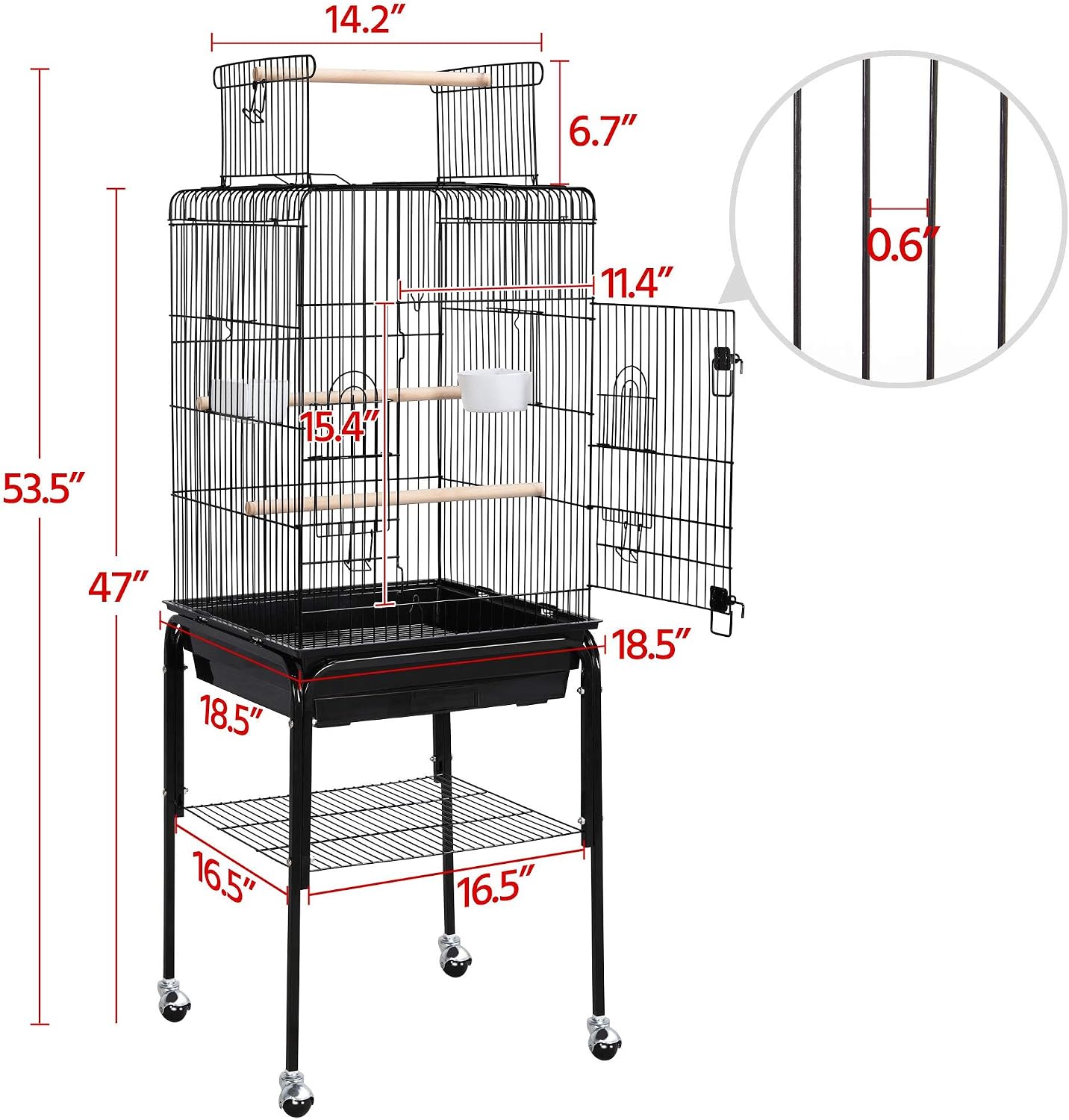 53.5" Open Top Parrot Bird Cage with Detachable Rolling Stand, Roof Play Flight Cage for Cockatiels, Sun Conures