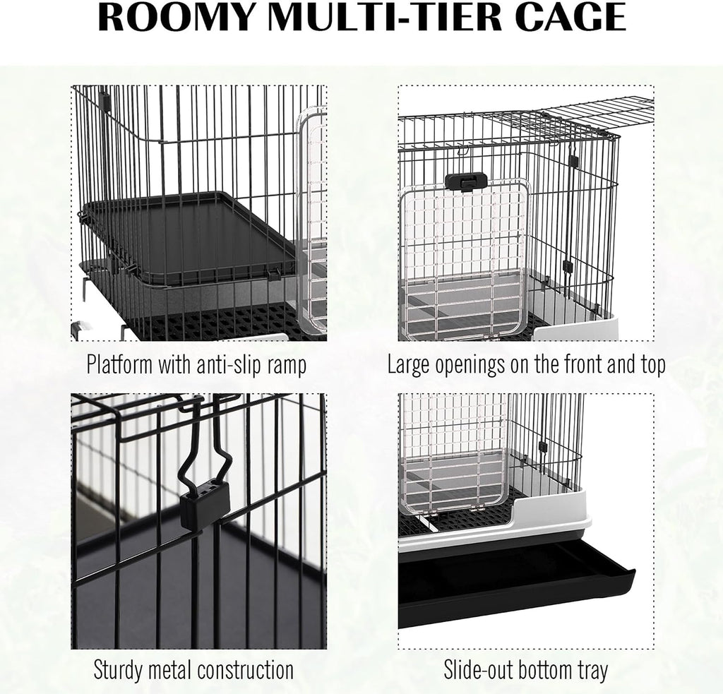 2-Level Small Animal Cage Rabbit Hutch with Wheels for Bunny Black | Removable Tray, Platform and Ramp