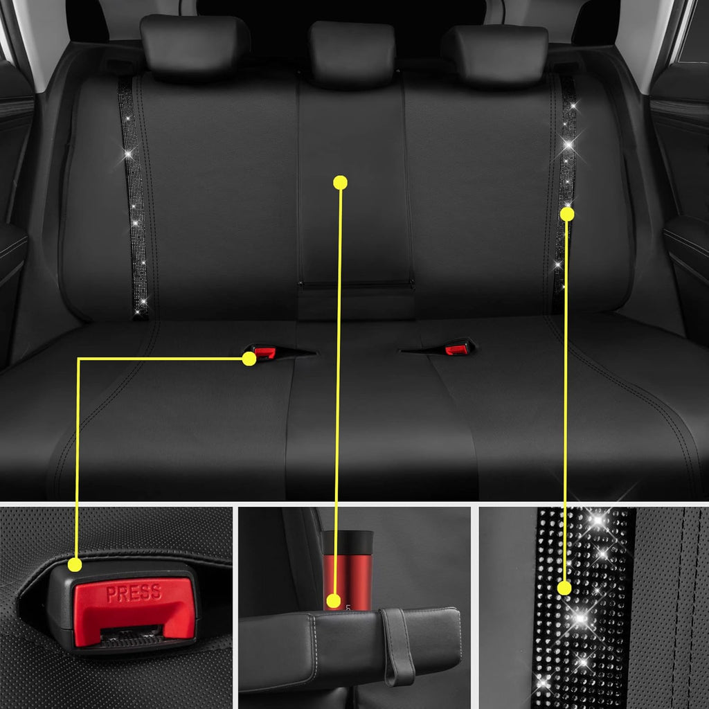 Leather Bling Diamond Car Seat Covers Full Set, Shining Rhinestone Waterproof Durable Rear with Zipper, Universal Fit