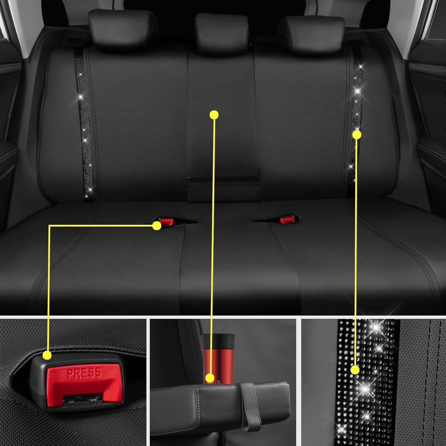Leather Bling Diamond Car Seat Covers Full Set, Shining Rhinestone Waterproof Durable Rear with Zipper, Universal Fit