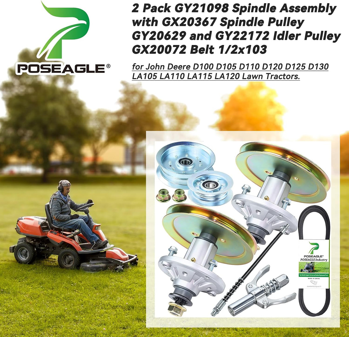 2 Pcs GY21098 Spindle Assembly for John Deere D105 D110 D130 Decks