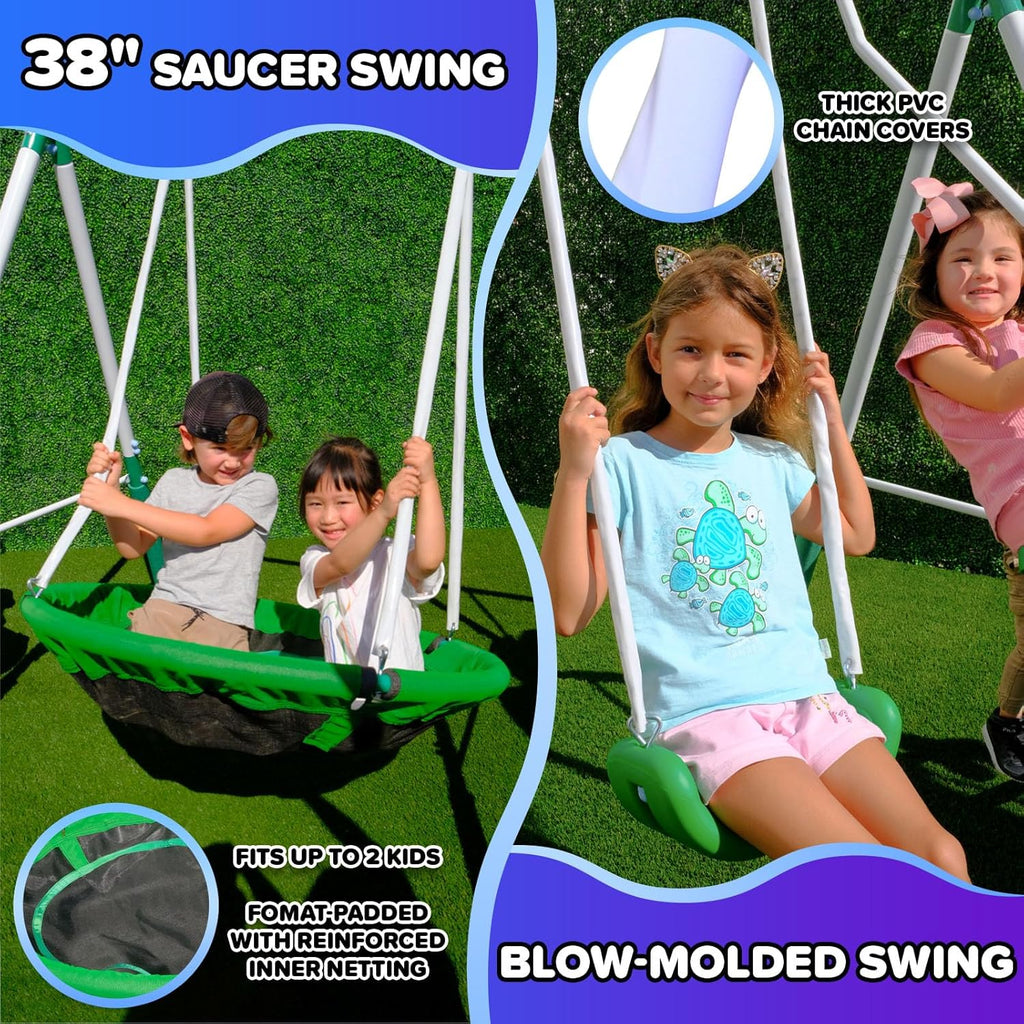 Bayside 7-in-1 Outdoor Backyard Metal Swing Set for Kids, 1000 lb Capacity, Teeter-Totter, Swing, Saucer, Standing