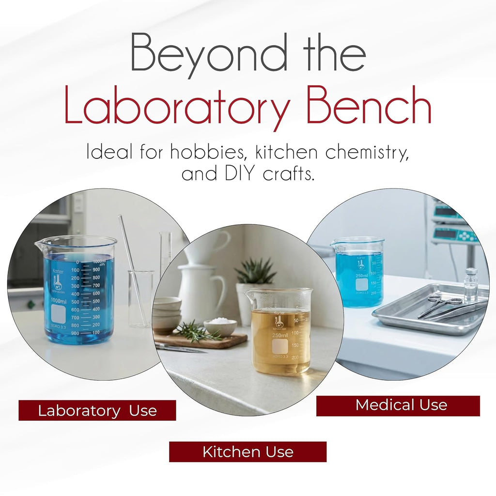 3.3 Boro, Griffin Low Form, Glass Beaker Set - 6 Sizes - 10ml, 50ml, 100ml, 250ml, 500ml, 1000ml