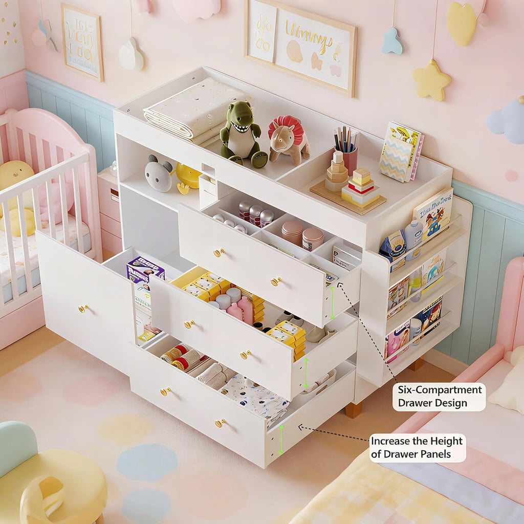 Wooden Baby Changing Table Dresser,Diaper Changing Table with Large Tabletop,4 Drawers, Open Storage Space & Side