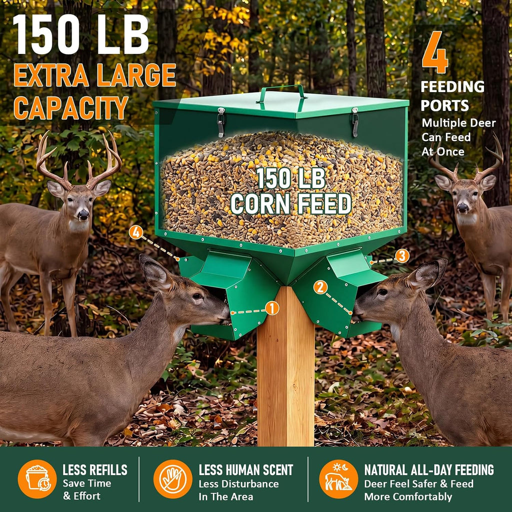 Gravity Deer Feeder, 150 lb Large Metal Hunting Feeder with 4 Ports