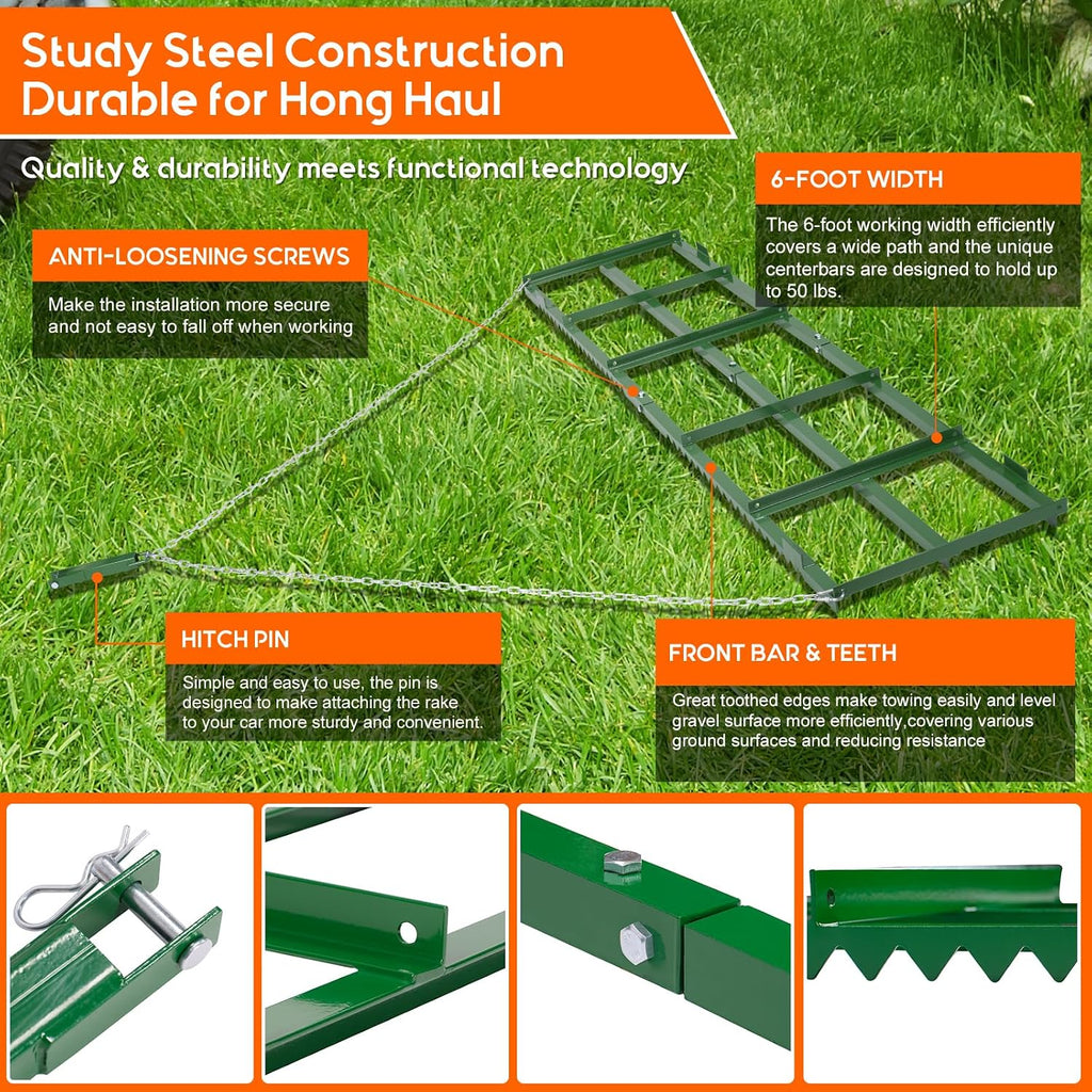 Drag Harrow, 6 ft Heavy Duty Tow Behind Drag Harrow w/ Tine Toothed Structure, Driveway Grader Landscape Rake for