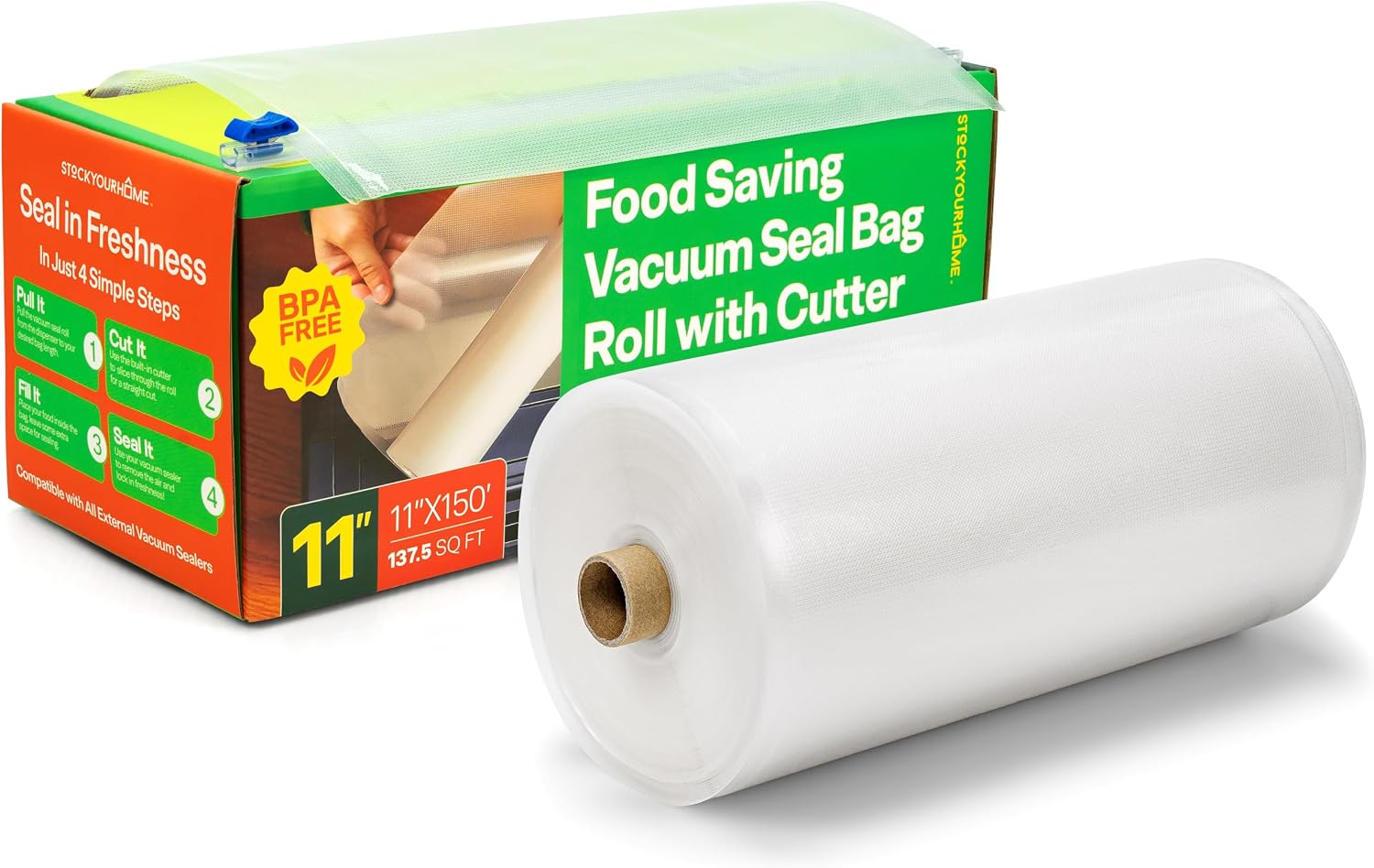 11x150 Inch Vacuum Seal Bags, Rolls in a Box with Customizing Cutter, 11 Inch Rolls for Freezing, Sous Vide and
