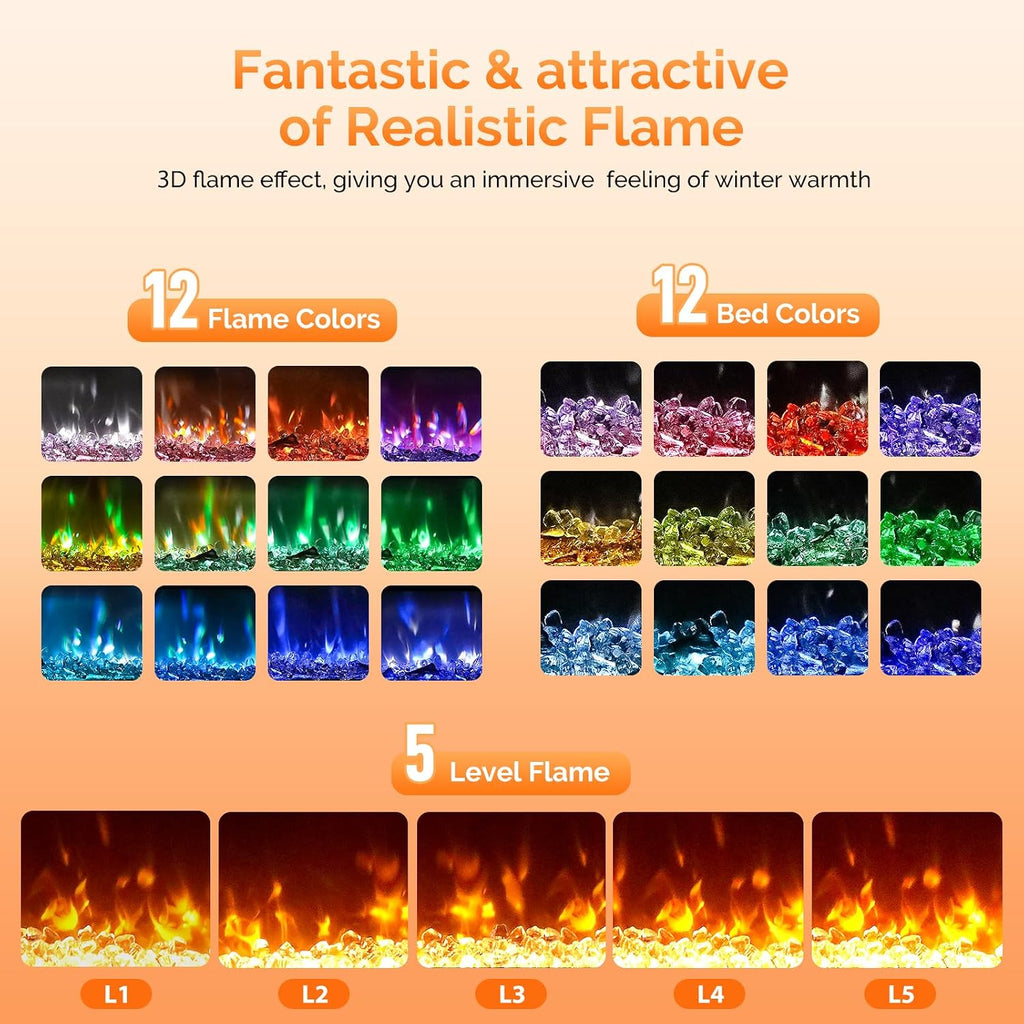 36 Inch Electric Fireplace with Remote, 1500W Wall Mounted & Recessed Fireplace with Timer, 12 Flame Color, 5