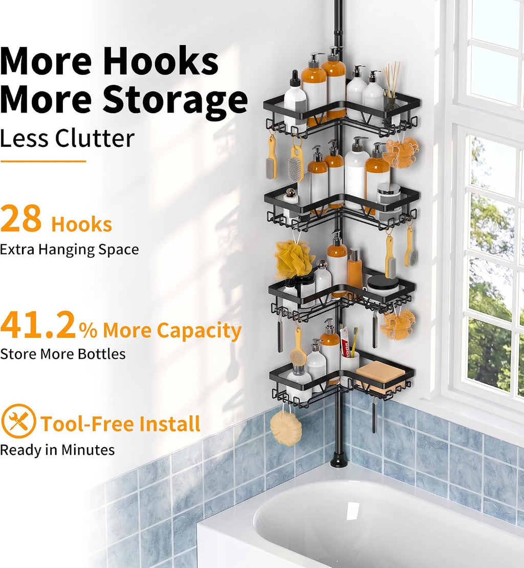 Corner Shower Caddy Tension Pole, Large Capacity Bathroom Organizer | 28 Hooks with Soap and Razor Holders, Heavy