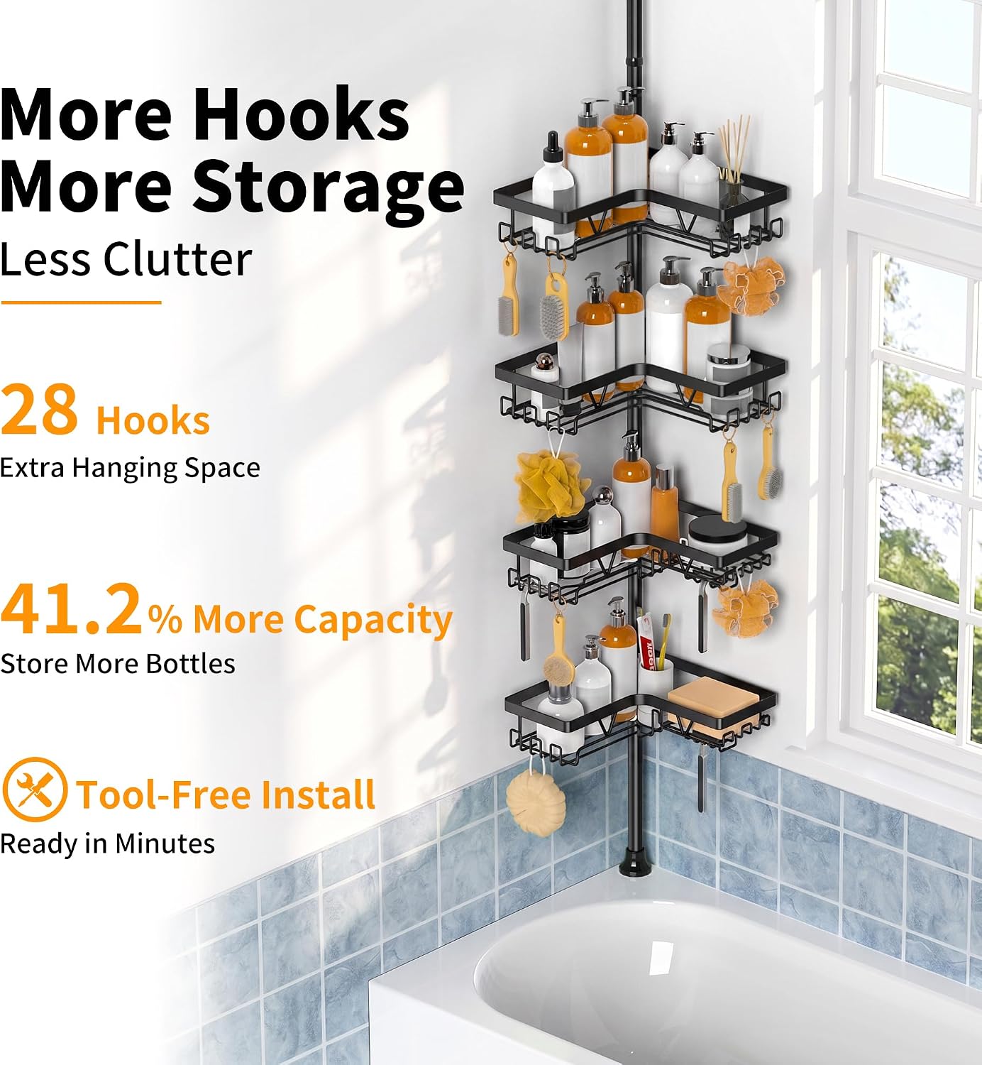 Corner Shower Caddy Tension Pole, Large Capacity Bathroom Organizer | 28 Hooks with Soap and Razor Holders, Heavy