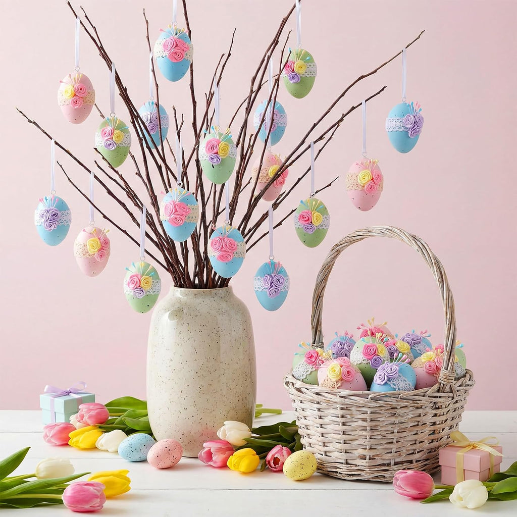 16 Pcs Easter Tree Ornaments Pastel Easter Egg Hanging Ornaments Plastic Floral Speckled Eggs Bowl Vase Fillers
