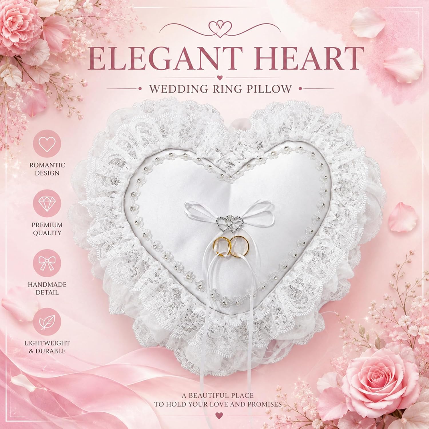 Heart-Shaped Wedding Ring Bearer Pillow, with Fake Rings for Wedding Ceremony White Satin with Lace Trim and Ribbon Bow