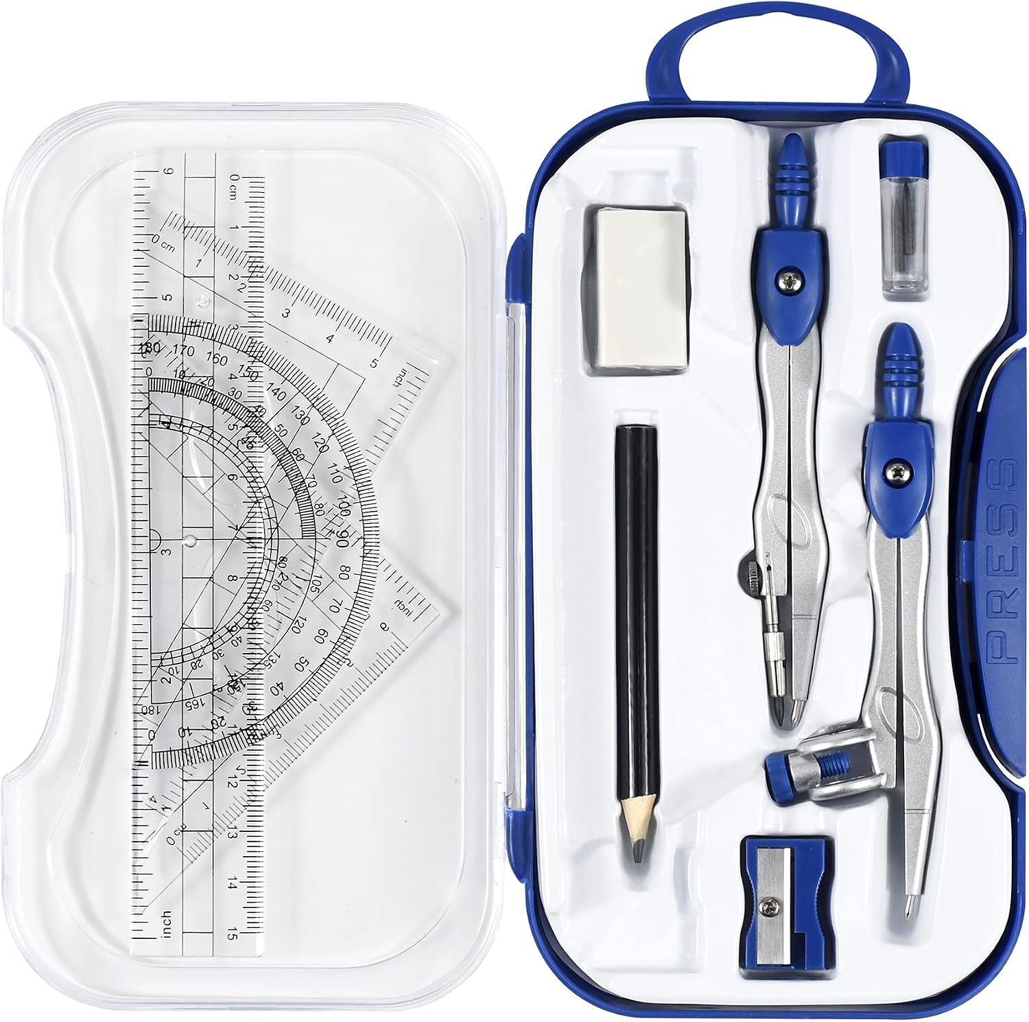 Geometry Set 10 Pcs Student Supplies,Protractor and Compass,Navy Blue | Shatterproof Storage