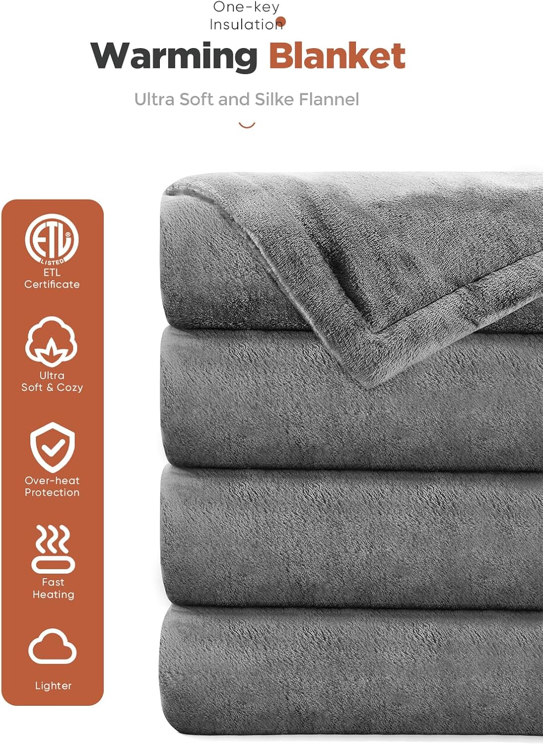 Heated Throw Blanket with 1-9 hrs Timer Auto-Off & 8 Heating Levels，Flannel Electric Blanket Throw ETL