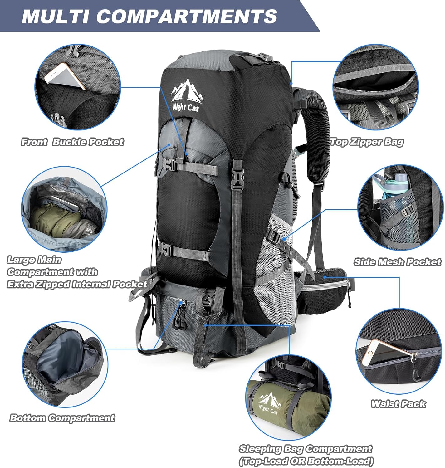 Hiking Backpacks 70L Camping Backpacking Packs for Men Women Lightweight Outdoor for Mountaineering Traveling, No