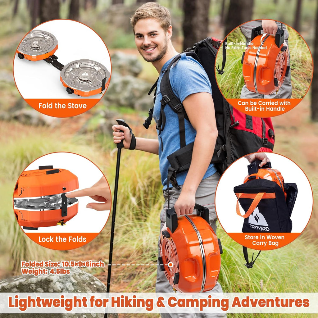 20,000 BTUs 2 Burner Propane Camping Stove, Portable Folding Camp Stove with Adjustable Burners, Regulator and