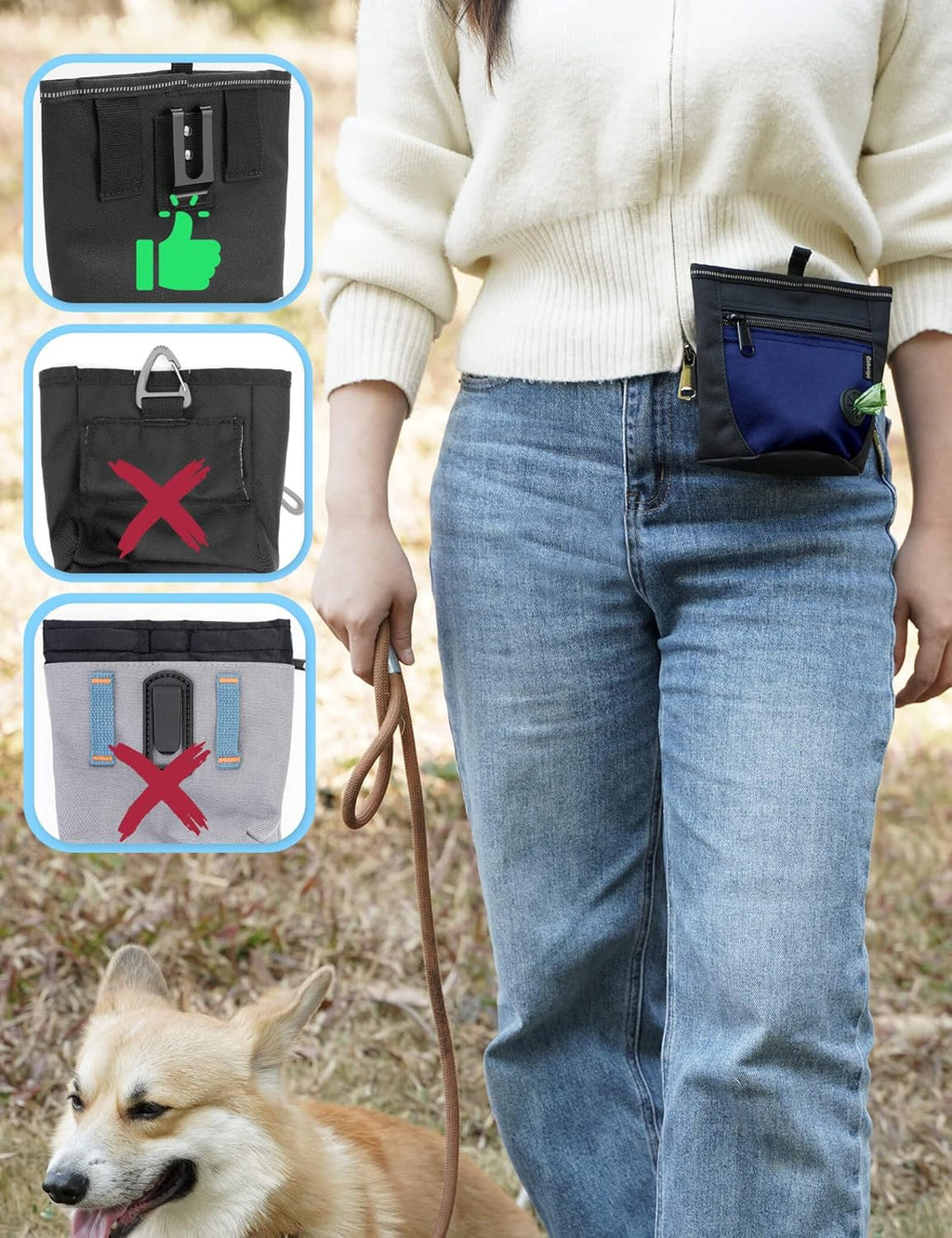 Dog Treat Pouch and Training Clicker, Upgrade Two Magnetic Closure to Prevent Spills, 2 Cup Treat Bag with Poop Bag