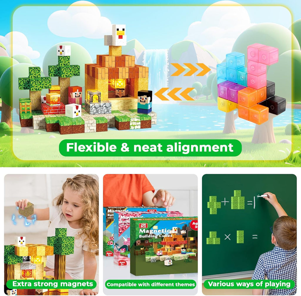 200PCS Magnetic Blocks with Light-Up Blocks, Magnet Building Blocks, Stacking Magent Cubes, STEM Montessori