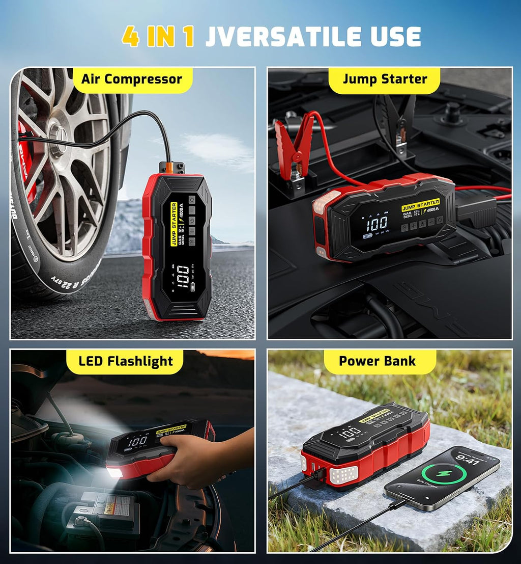 Jump Starter with Air Compressor 4000A Portable Car Battery Jump Starter (All Gas/10L Diesel), 160PSI Auto-Shutoff