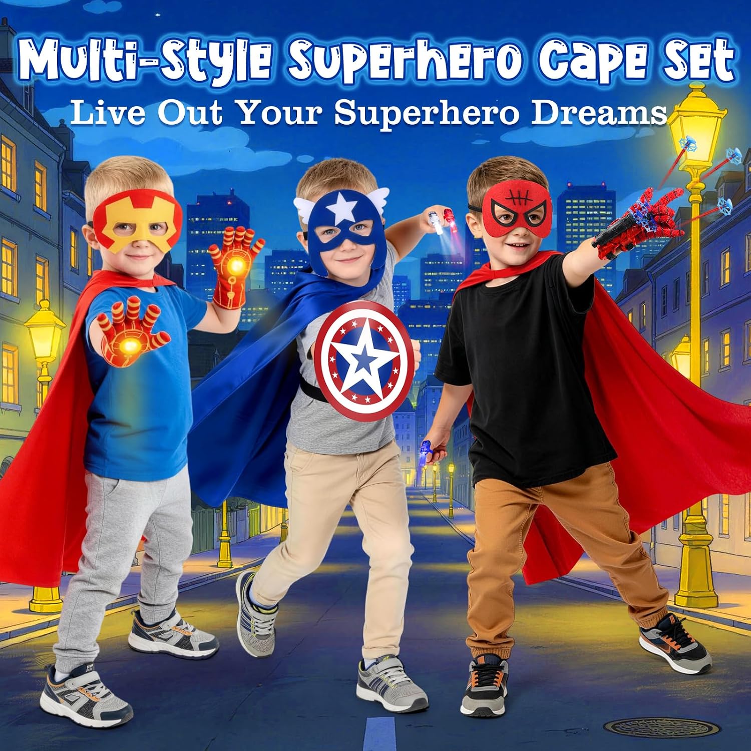 Superhero Capes with Masks,Unique Accessories,for Kids Ages 3-12 | Web Shooters,Shield,Light-Up-Gloves,6 Finger