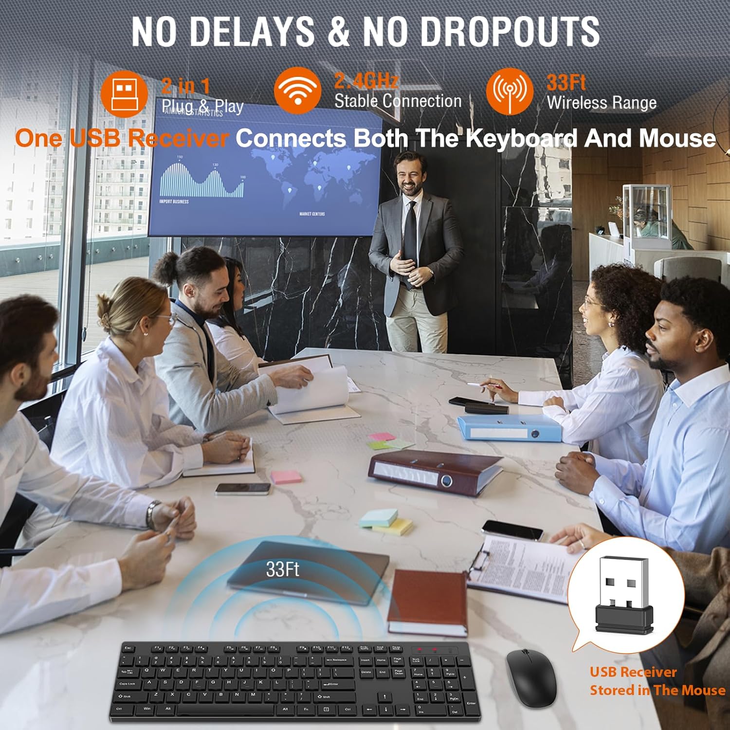 Wireless Keyboard and Mouse Combo, EDJO Silent Full Size Cordless USB Keyboard Mouse, 2.4GHz Lag-Free, Long Battery