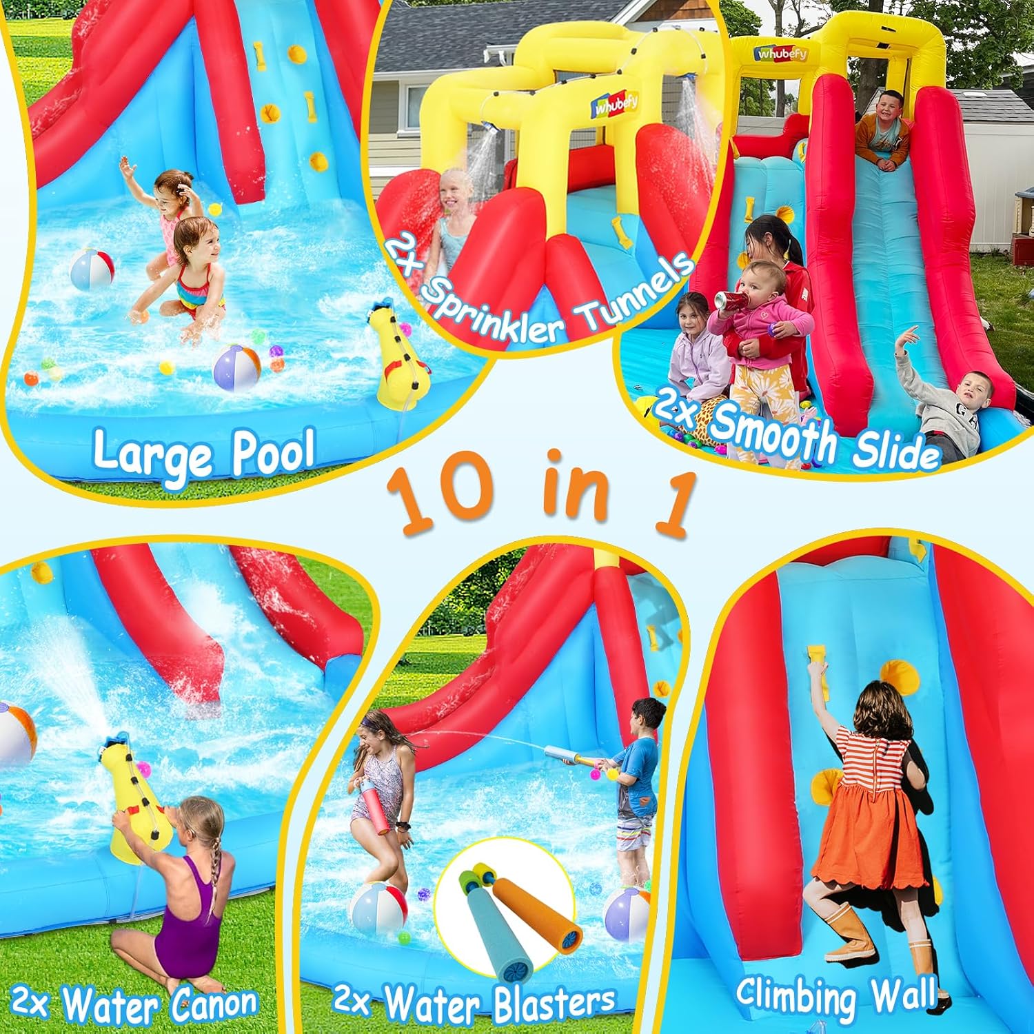 Inflatable Water Slides for Kids, 10 in 1 Inflatable Bounce House Water Park w/Blower,2 Water Guns,2 Water