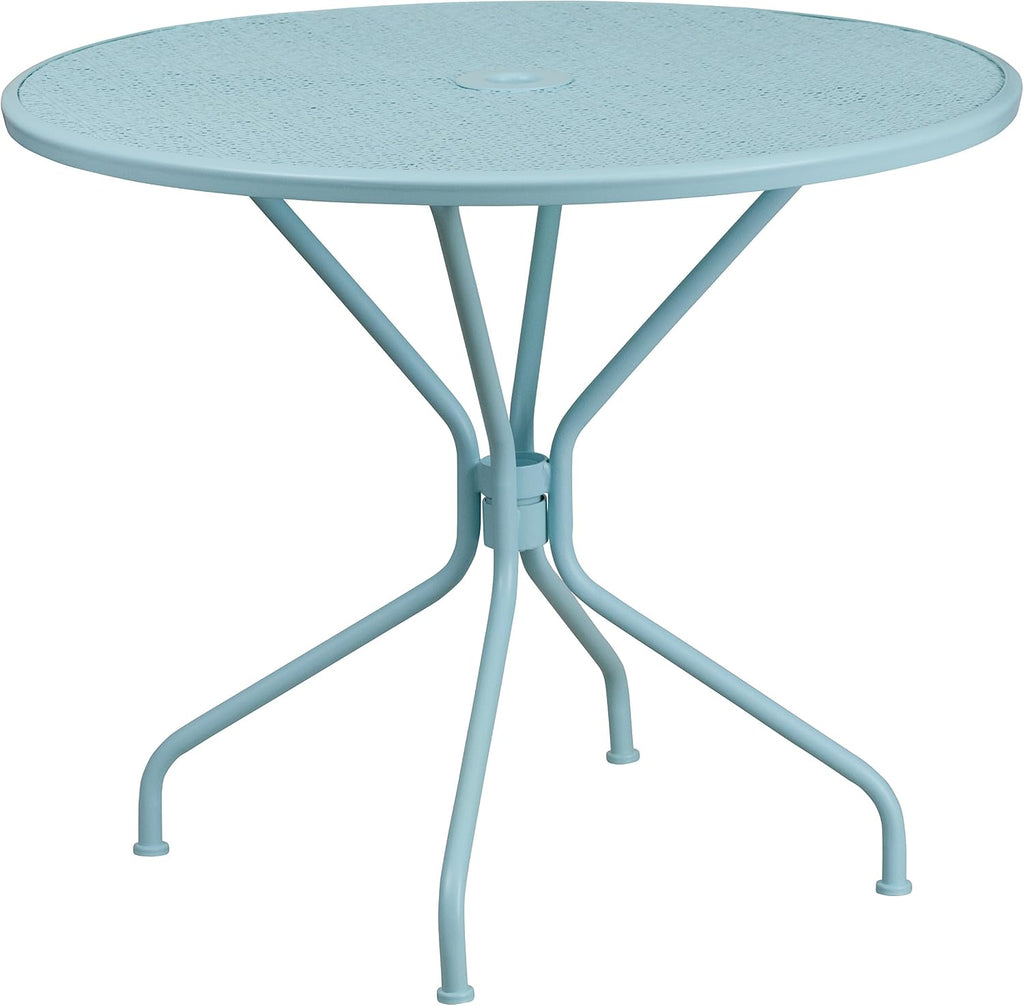 35.25" Round Patio Table with Umbrella Hole, Sky Blue