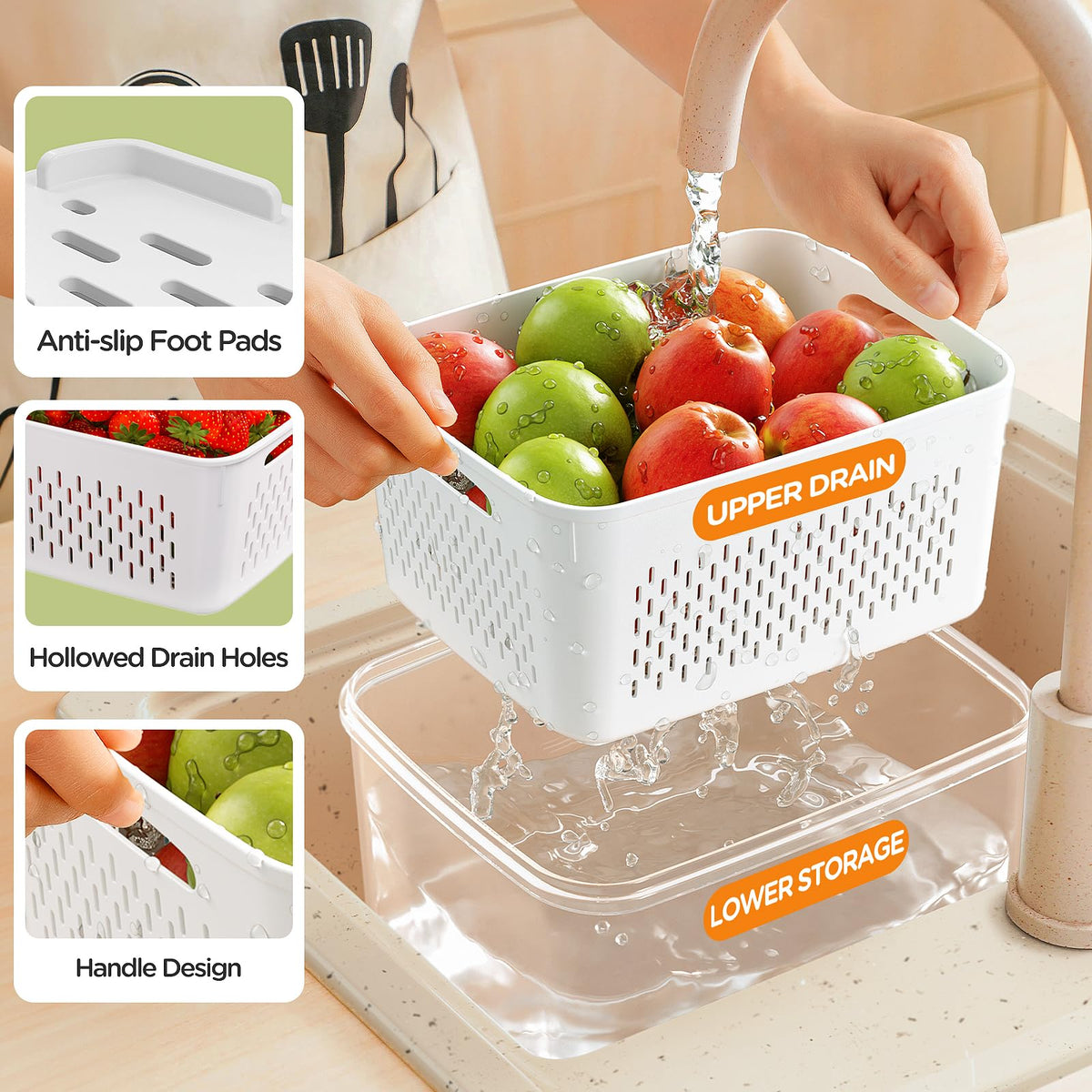 5-Pack Fruit Storage Containers for Fridge with Removable Colanders, 4 in 1 Produce Storage Containers with Lids