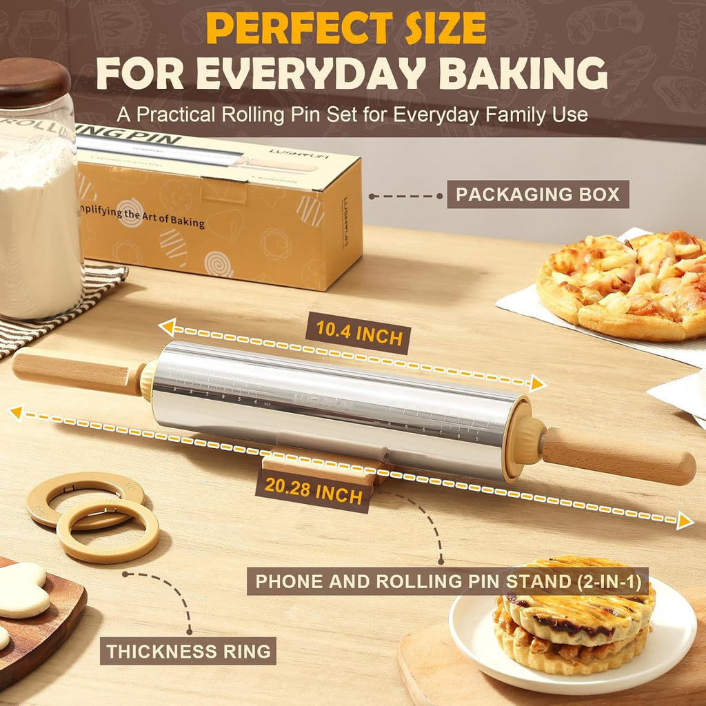 304 Stainless Steel Adjustable Rolling Pin with Thickness Rings