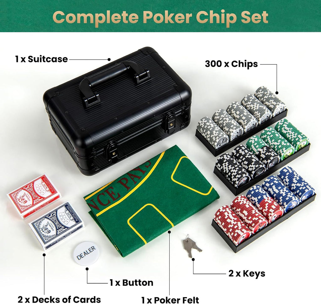 Poker Chip Set, 300 PCS Chips, 2 Decks Cards, Dealer Button, Poker Felt, Aluminum Case for Texas Holdem, Casino