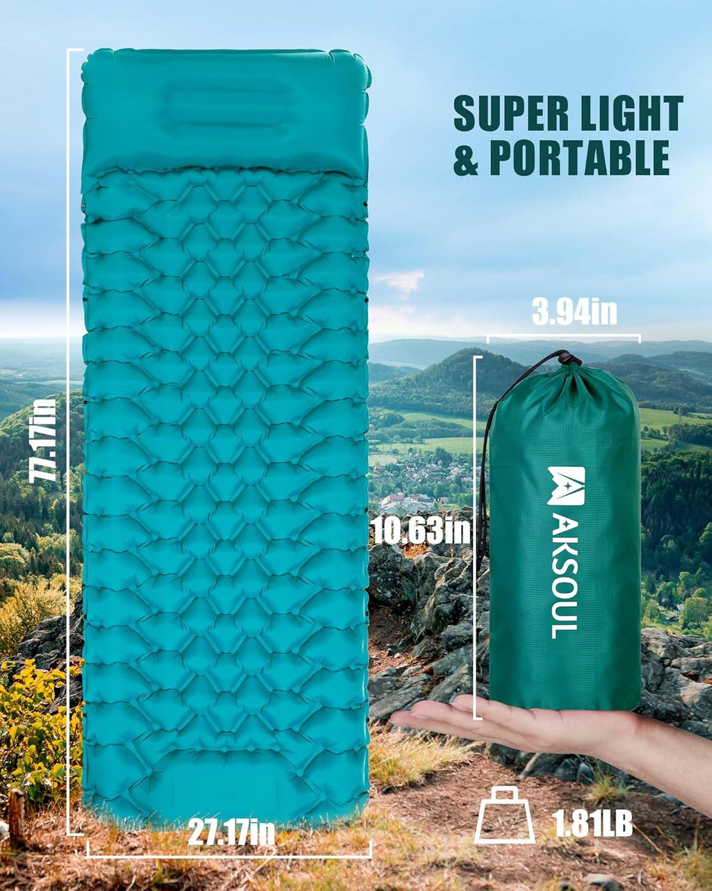 Camping Sleeping Pad with Pillow: Extra Thick 3.9 inch Ultralight Self Inflating Air Mat, Compact Lightweight