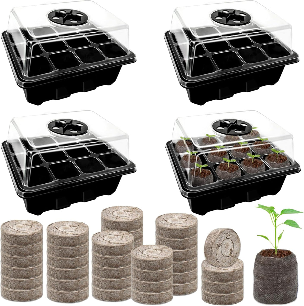 4 Pack Seed Starter Tray with 50 PCS Peat Pellets, 48 Cells Black Seeding Starter Trays for Organic Seed Starter Soil