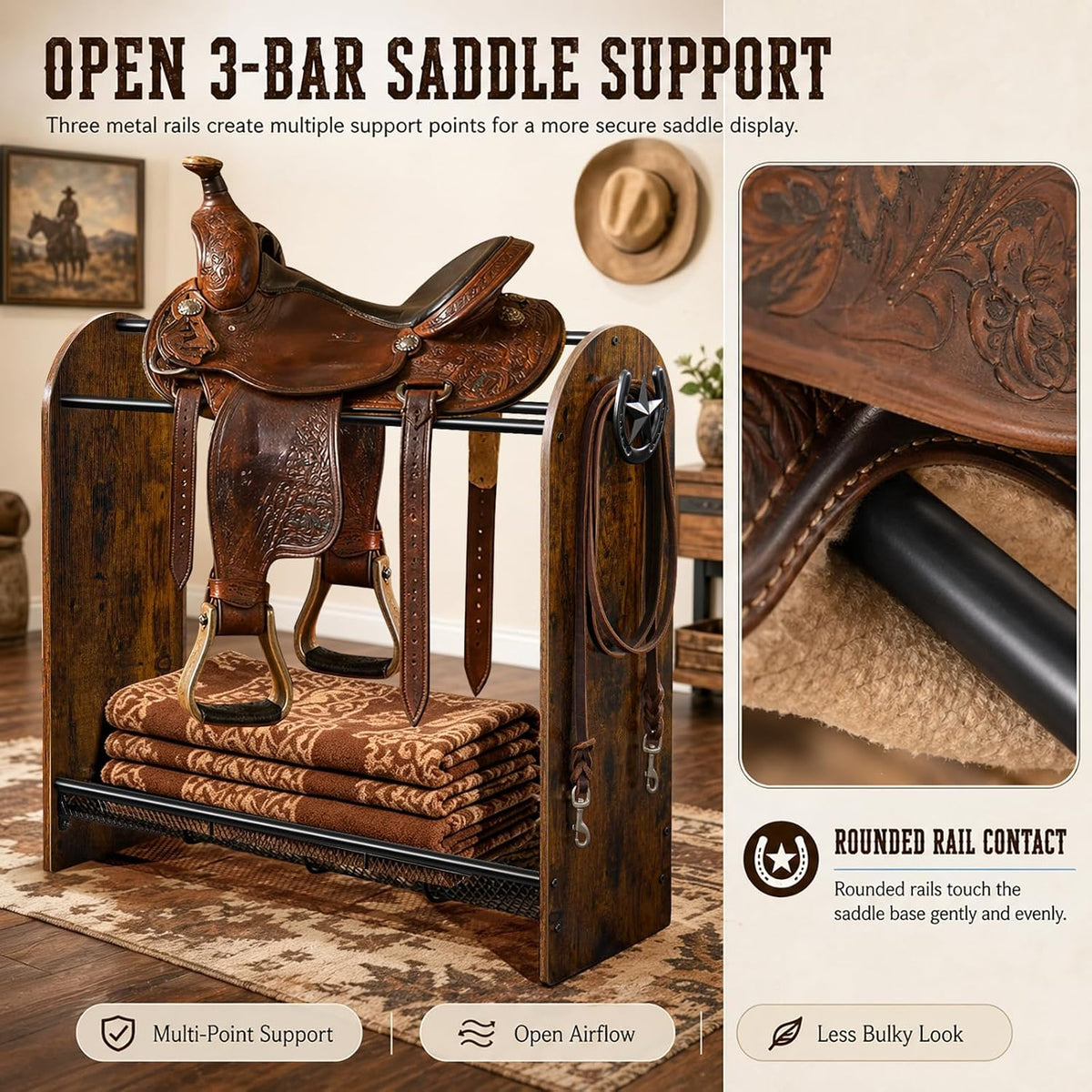 Saddle Rack Stand, Freestanding Horse Saddle Holder with Mesh Shelf, Hooks