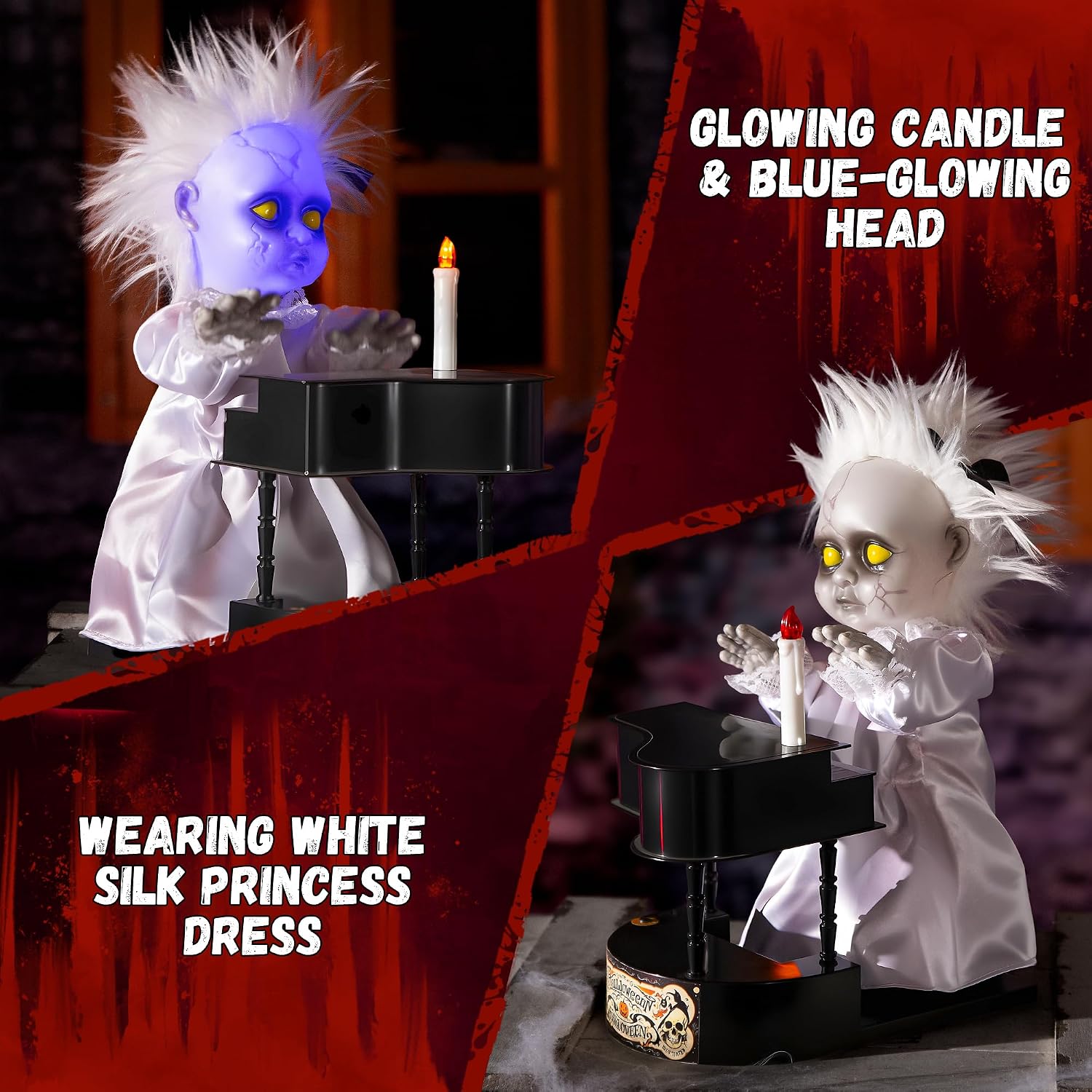 Halloween Animatronics Decorations, 13.7'' Creepy Doll with Piano, Animated Doll with Sound Activated, Scary Voice