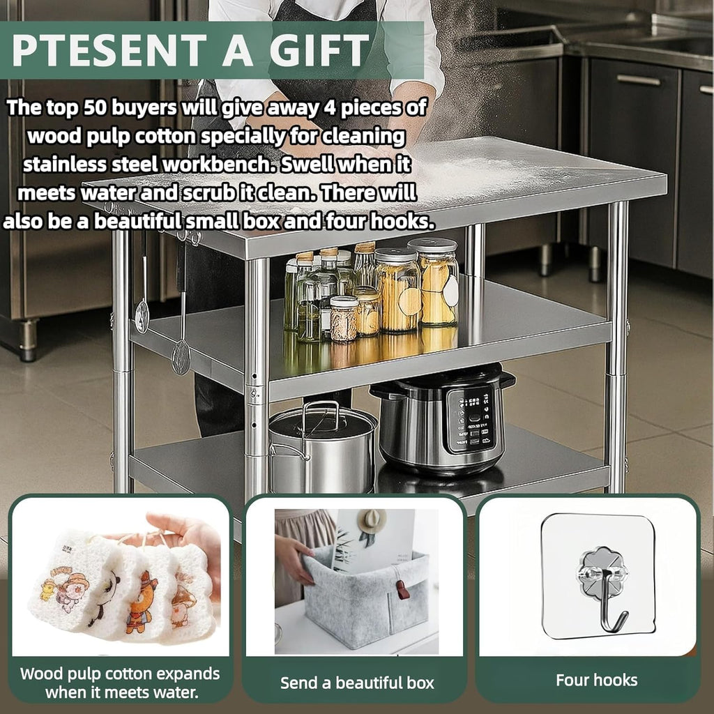Stainless Steel Table with Wheels for Food Preparation and Work, Multi-Size Optional, Three-Layer Variable Two-Layer