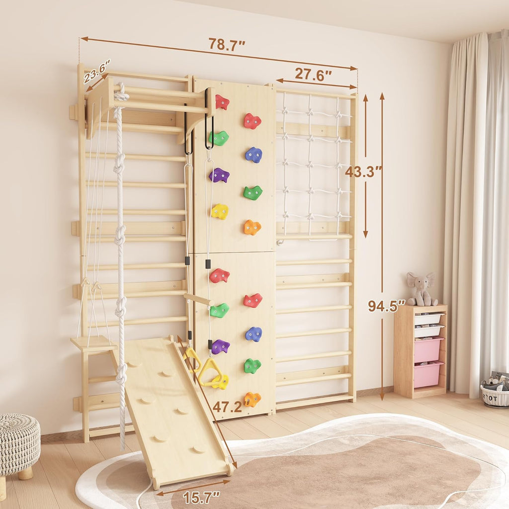 9-in-1 Swedish Ladder Wall Gym & Climber, 94.5'' Wooden Wall-Mounted Climbing Set with Double-Sided Slide, Swing