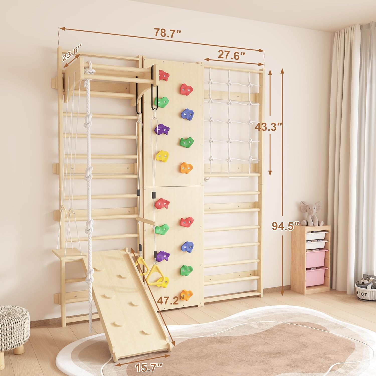 9-in-1 Swedish Ladder Wall Gym & Climber, 94.5'' Wooden Wall-Mounted Climbing Set with Double-Sided Slide, Swing