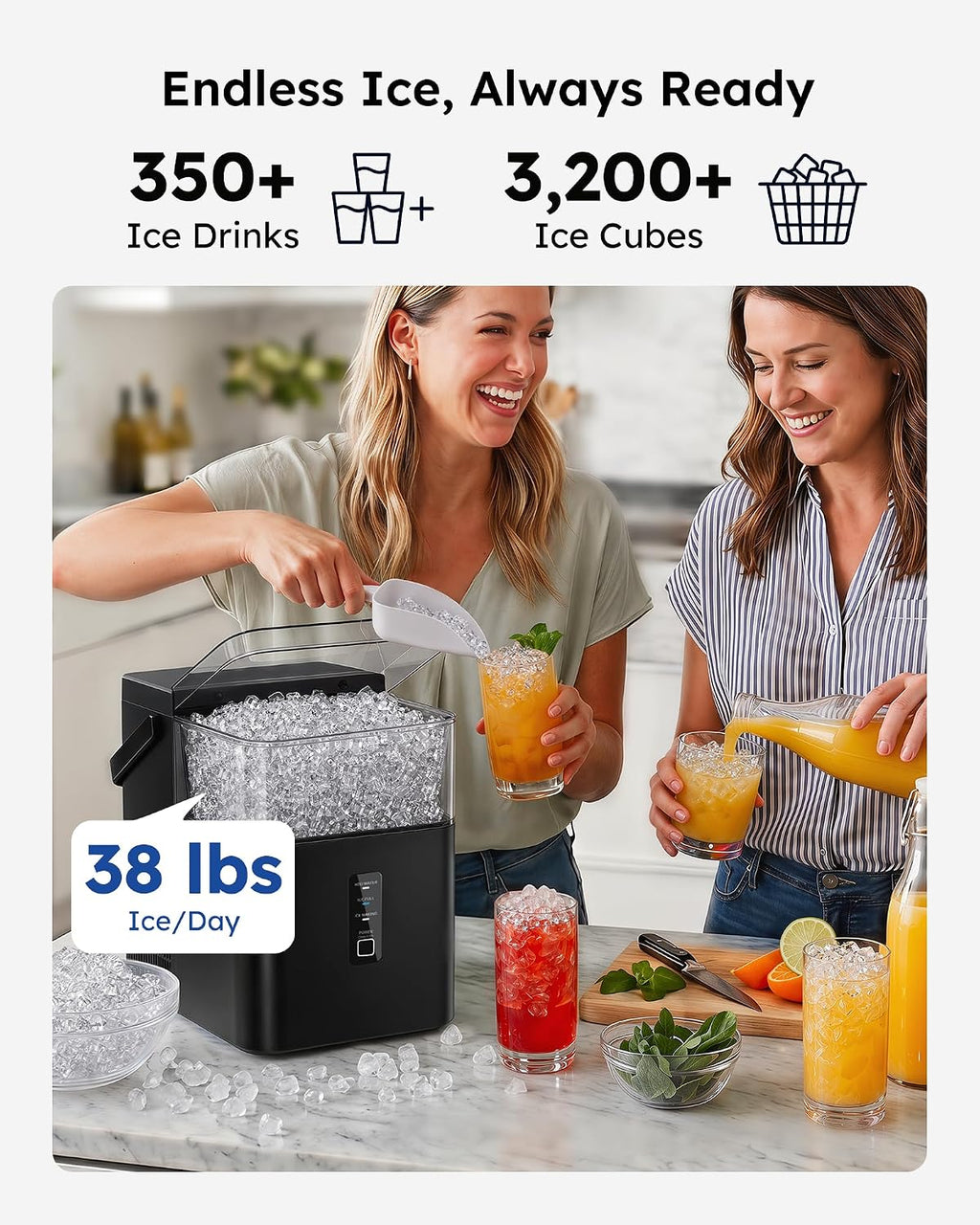Nugget Ice Maker Countertop with Handle 38lbs/Day Chewable Ice