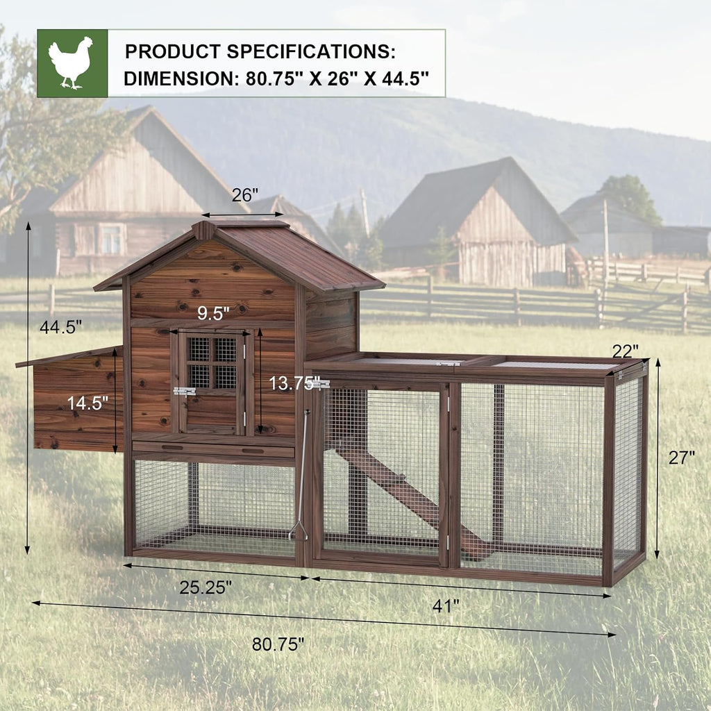 Wooden Chicken Coop Large Outdoor Hen House with Nest Box Poultry Cage Rabbit Hutch 80''- Waterproof UV Panel Brown
