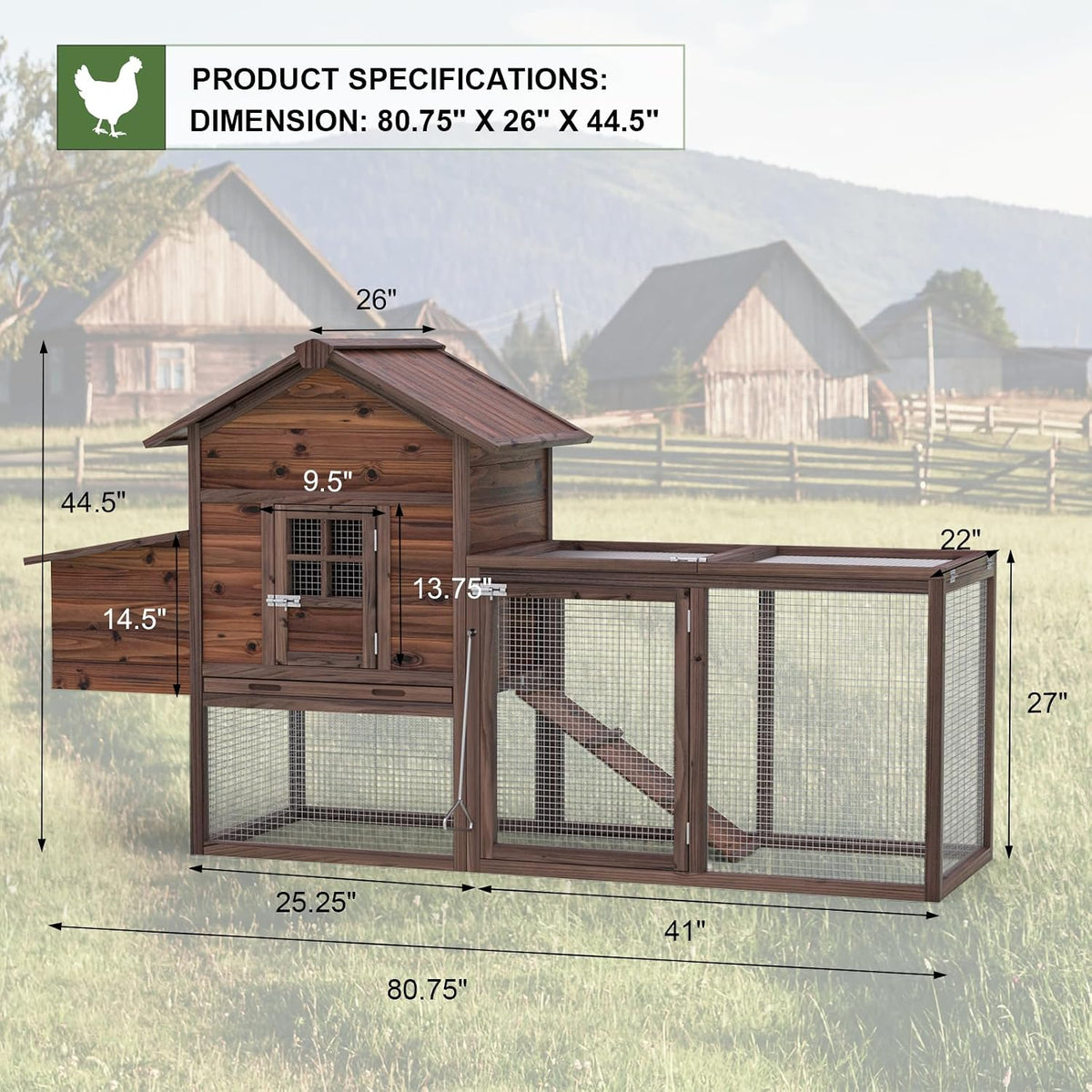 Wooden Chicken Coop Large Outdoor Hen House with Nest Box Poultry Cage Rabbit Hutch 80''- Waterproof UV Panel Brown