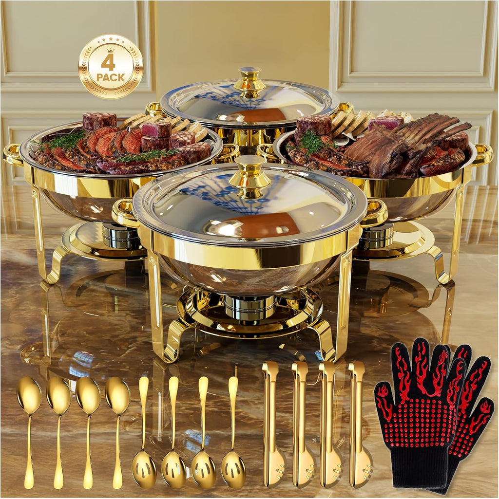 Gold Chafing Dishes for Buffet 4 Pack, 6QT Buffet Servers and Warmers Sets
