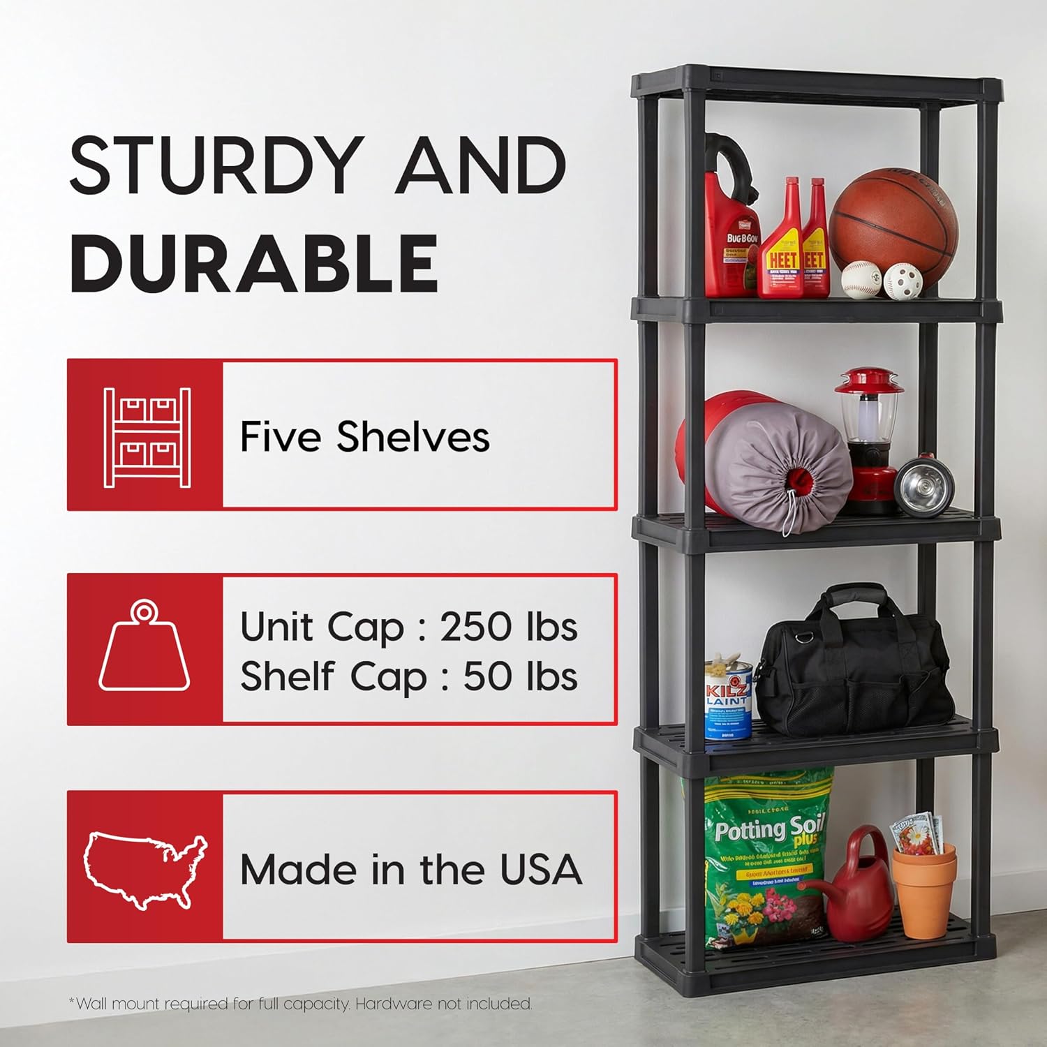 5-Shelf Light Duty Plastic Storage Shelves, 250lb Capacity, 64" H x 24" W x 12" D, Medium Modular Shelving Unit
