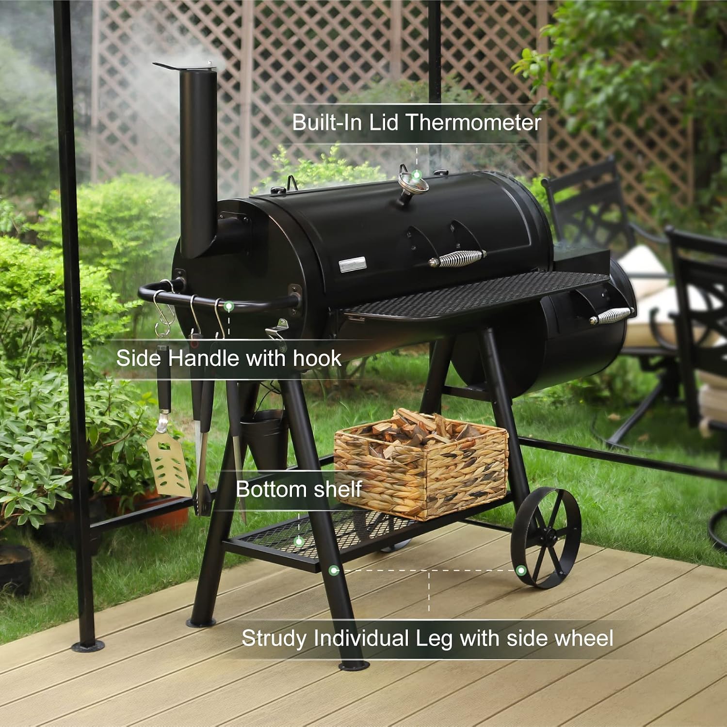 Barrel Charcoal Grill w/Offset Smoker, 941 SQ.IN. Cooking Area