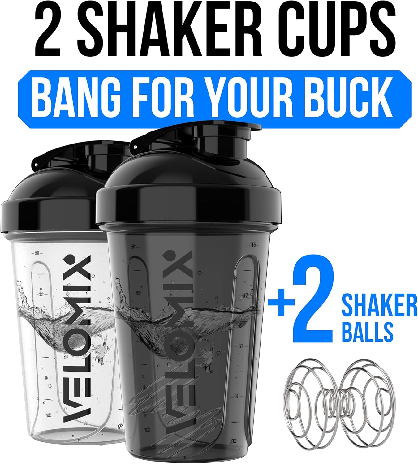 2 Pack 20oz Protein Shaker Bottle for Protein Mixes, Black/Transpar | 2x Wire Whisk, Leak Proof Shaker Cups for