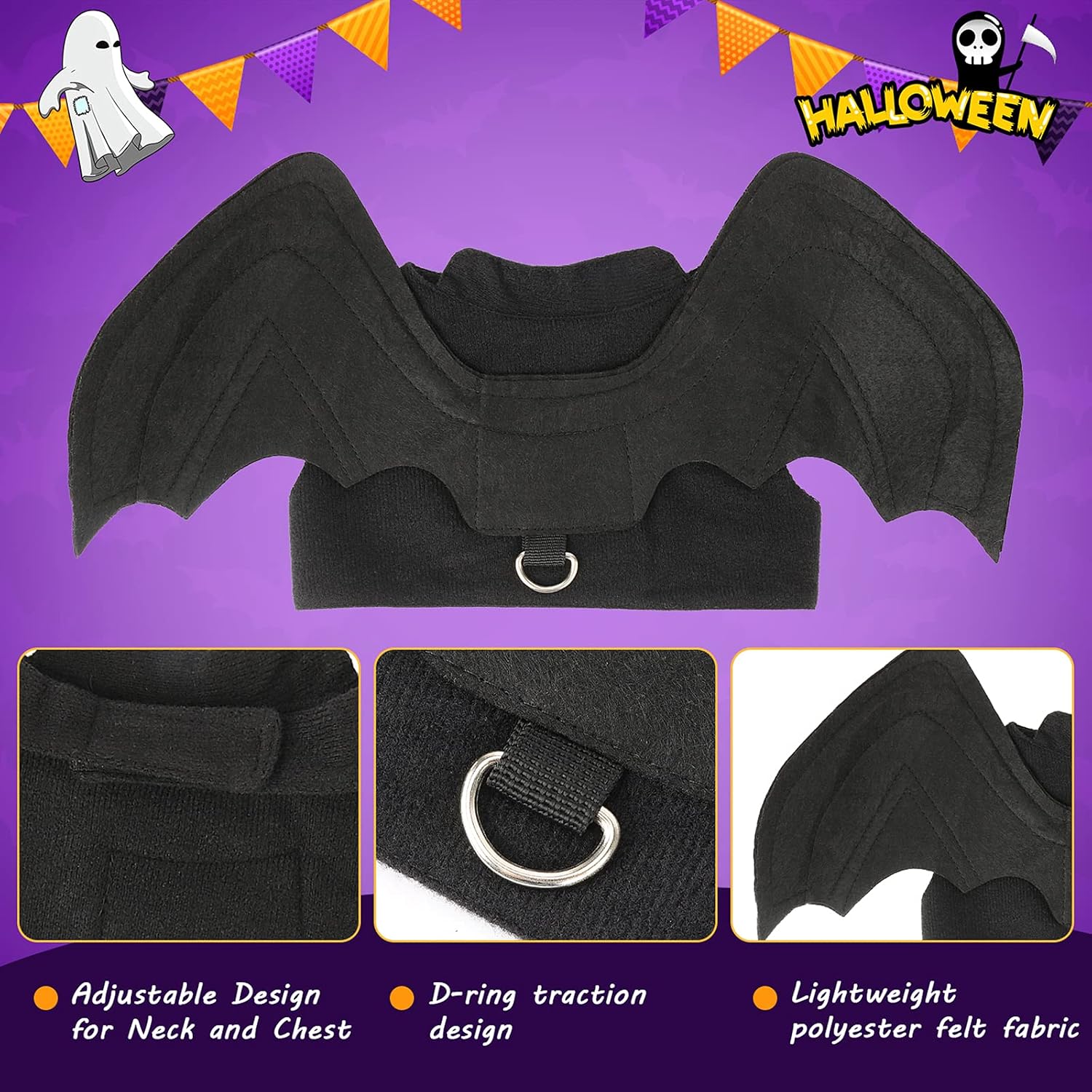 Dog Bat Wings Costume, Halloween Pet Costume for Dogs & Cats D-Ring M | D-Ring for Leash, Lightweight Felt Comfort