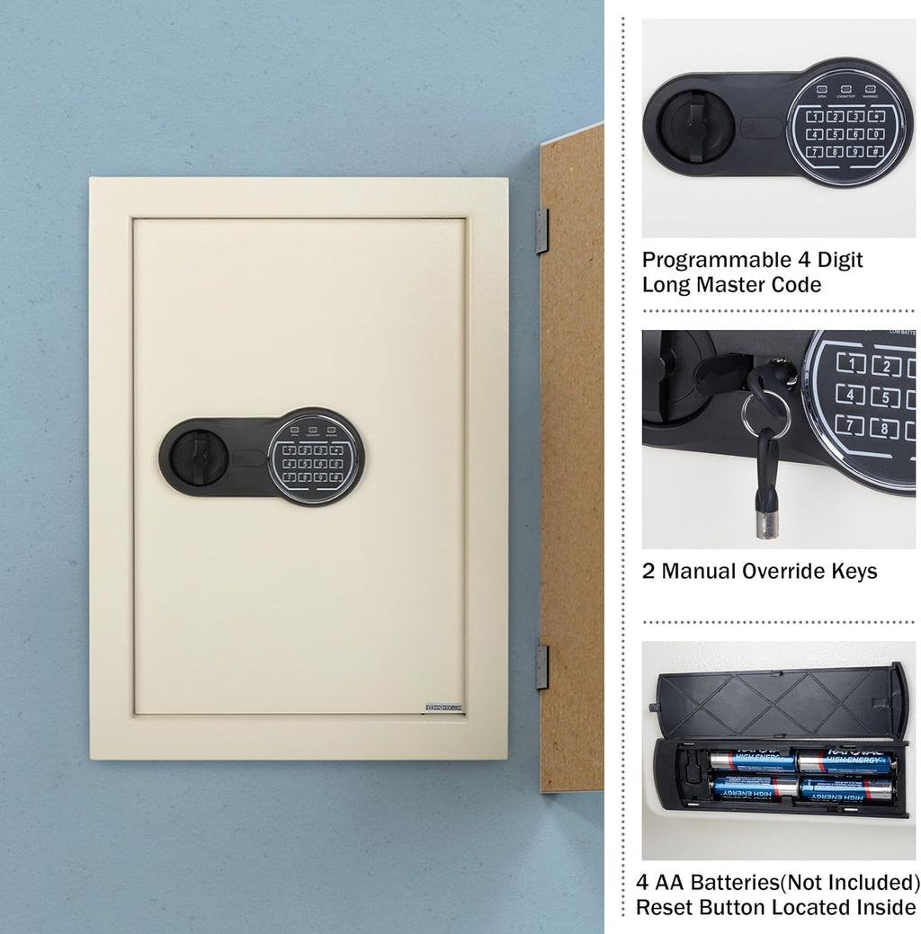 In-Wall Safe - Home or Business Safe with Keypad and 2 Manual Override Keys - Protects Cash, Jewelry, Passports, and