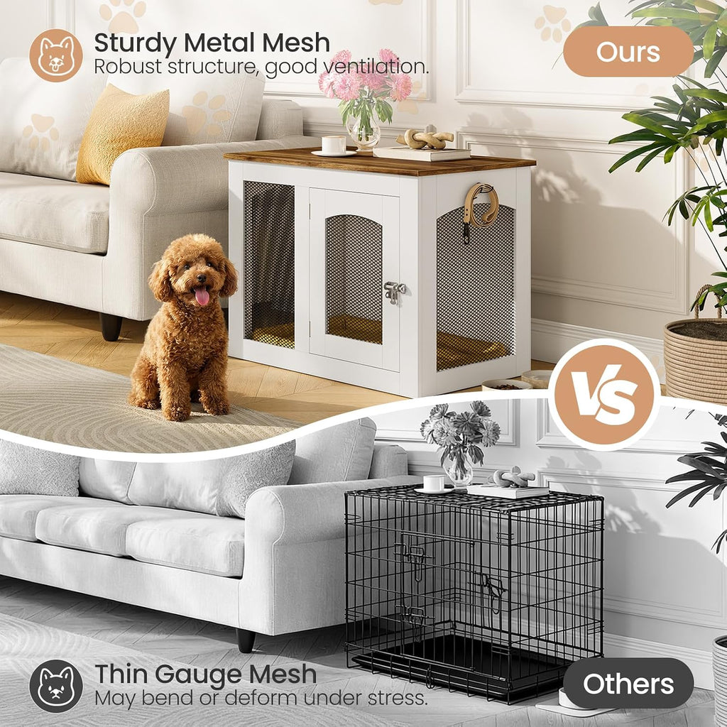 Wooden 30.1" Dog Crate Furniture, Farmhouse Pet Cage End Table with Secure Lock, Ventilated Mesh for Medium Dogs, Dog